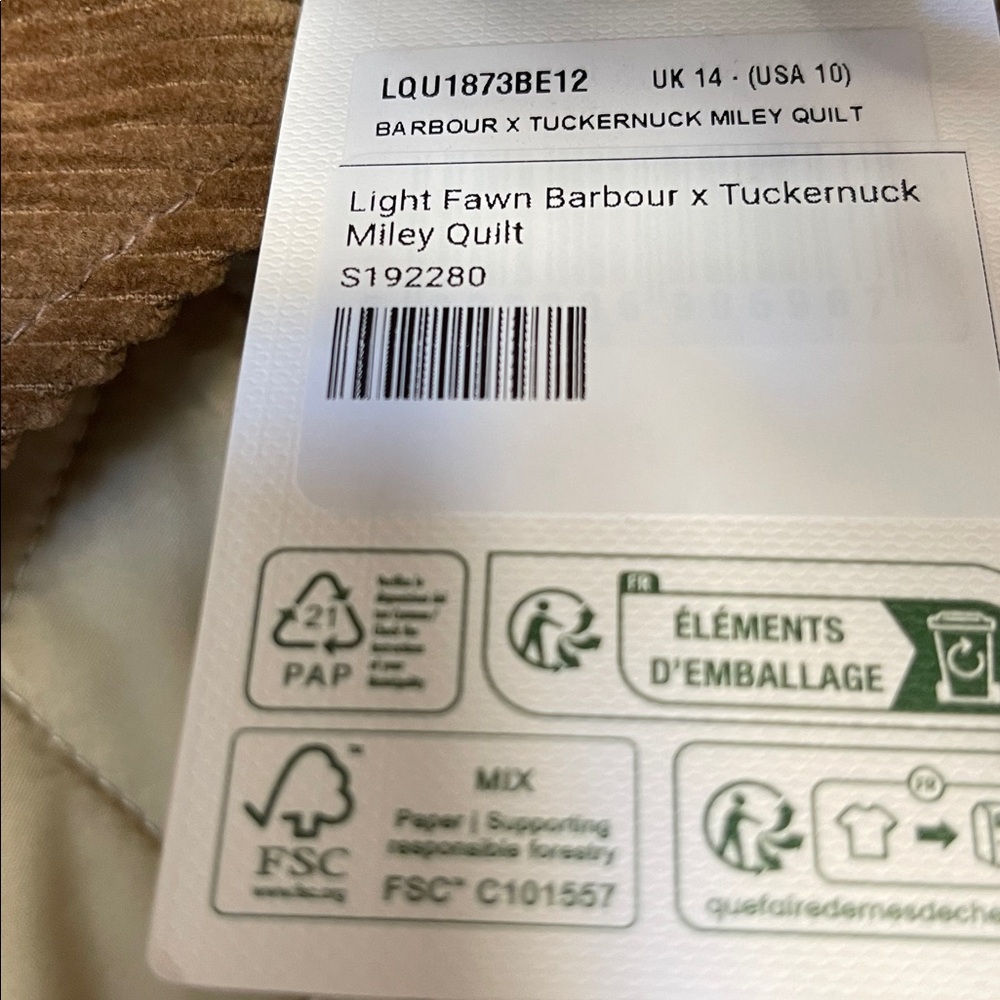 Barbour X Tuckernuck Miley Women's Beige Quilt Jacket in Light Fawn Size 10 - Picture 7 of 12